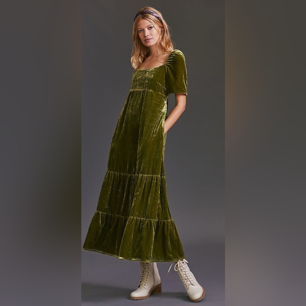 Anthropologie Olive Velvet Maxi Dress